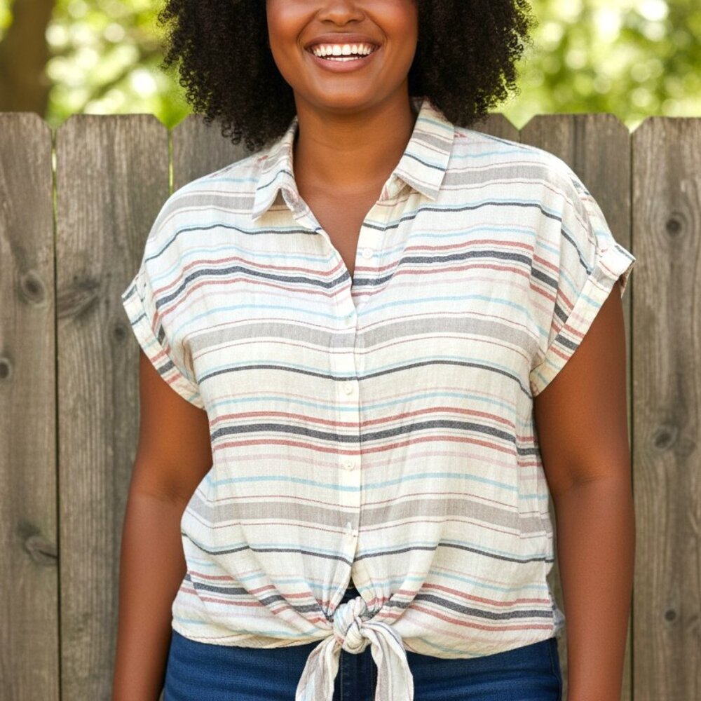 (A-29)Weatherproof Vintage Women’s Linen Shirt XL Tie Front Striped Button Up Sh